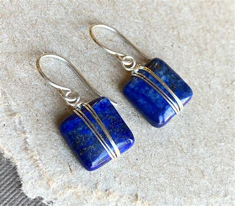 Lapis Earrings Silver Wire Wrapped Blue Gemstone Earrings Etsy