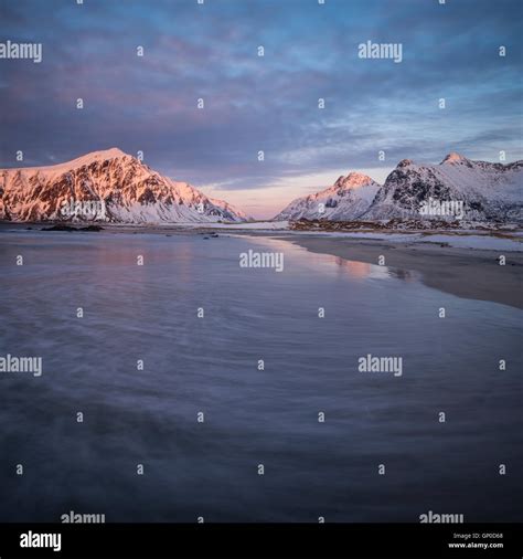 Winter At Skagsanden Beach Flakstadøy Lofoten Islands Norway Stock