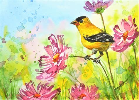 Easy Goldfinch And Cosmos In Watercolor Tutorial