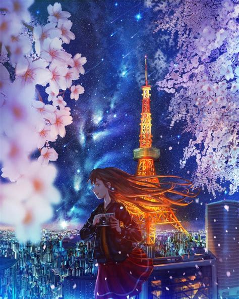 Wallpaper Anime Girl Tokyo Tower Scenic Sakura Blossom
