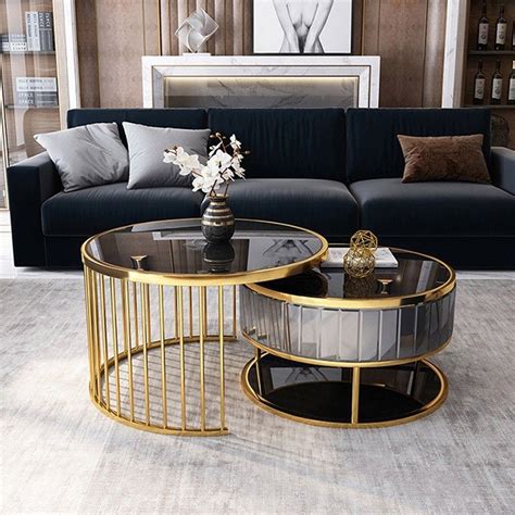 Modern Round Gold And Gray Nesting Coffee Table With Shelf Tempered Glass