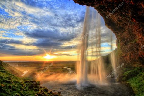 Seljalandfoss Waterfall At Sunset In Hdr Iceland Stock Photo By