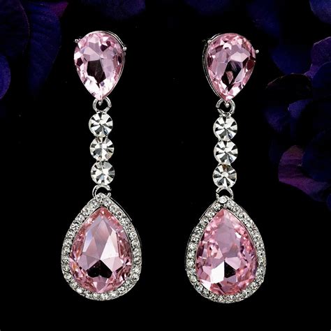 Rhodium Plated Pale Pink Crystal Chandelier Drop Dangle Earrings 08362