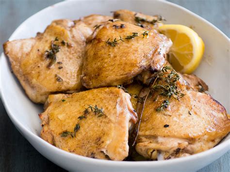 To bake juicy chicken thighs in the oven that have crispy skin you first need to let them sit at room oven baked chicken thigh: Lemon-and-Thyme Baked Chicken Thighs Recipe - Todd Porter ...