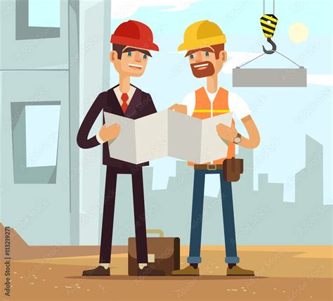 Two Builders Builder And Engineer Builders Read Plan Building Houses
