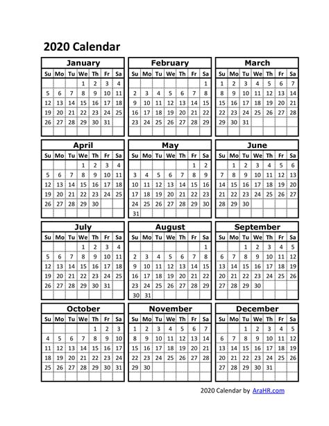 2020 Calendar Yearly Monthly Free Printable Template Excel