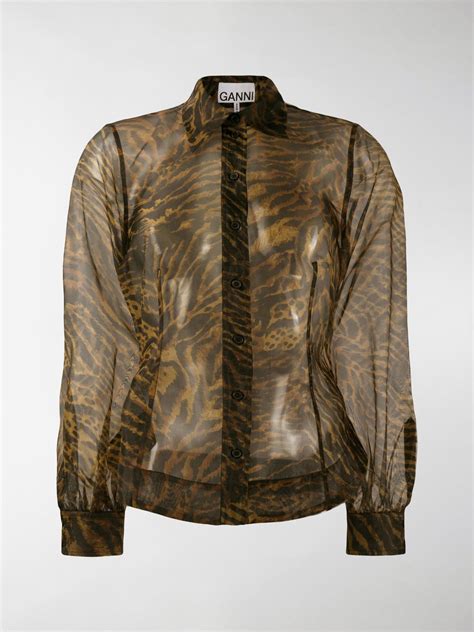 Ganni Tiger Print Sheer Shirt Brown Modes