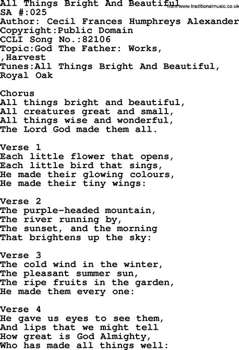 Salvation Army Hymnal Song All Things Bright And Beautiful With