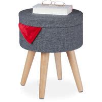 Relaxdays Pouf Contenitore Rotondo Sgabello Poggiapiedi Imbottito Con Gambe In Legno X