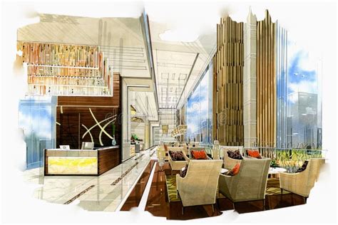 Sketch Perspective Interior Reception Into A Watercolor Stock