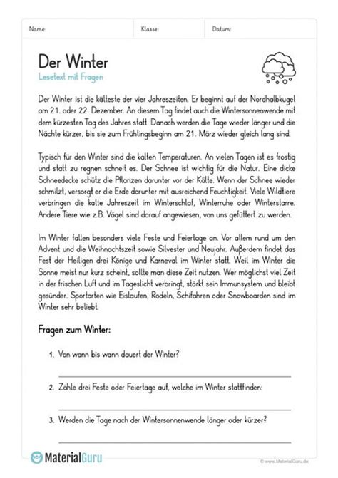 Leseverständnistest klasse 4 zum ausdrucken. Arbeitsblatt: Lesetext zum Winter mit 3 Fragen | Deutsch ...