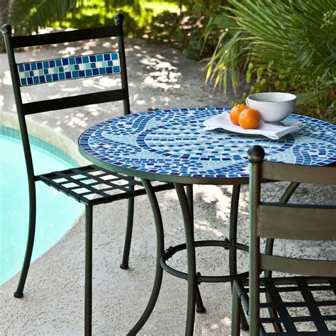 Based on the tables and chairs found outside french bistros, a patio bistro set consists. Outdoor 3-Piece Aqua Blue Mosaic Tiles Patio Furniture Bistro Set