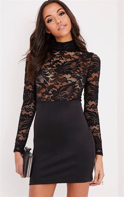 izzie black sheer lace top bodycon dress dresses prettylittlething
