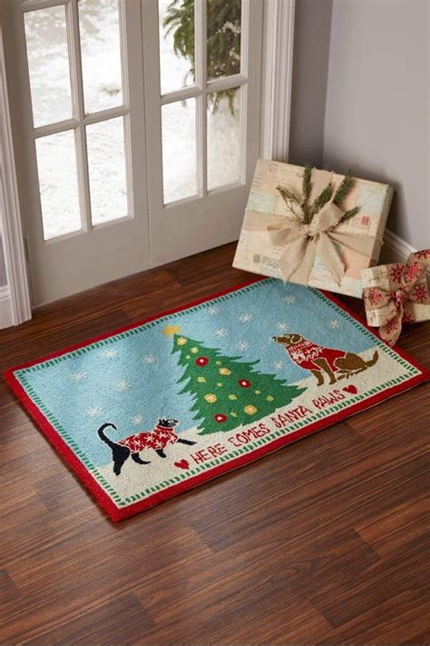 Here Comes Santa Paws Hooked Rug Puppy Themed Holiday Mat Soft