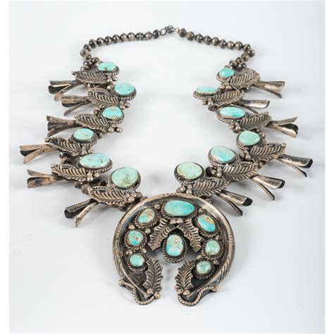 Navajo Silver And Turquoise Squash Blossom Necklace Cowan S Auction