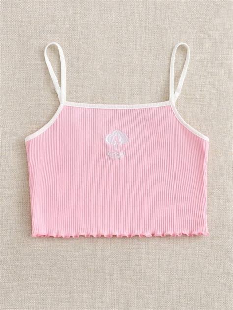 Letter And Cartoon Embroidery Rib Knit Cami Top Clothing Store For