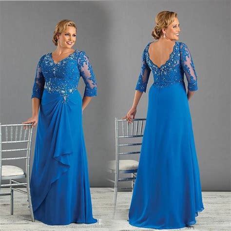 Royal Blue Long Chiffon Mother Of The Bride Dresses 34 Sleeves With