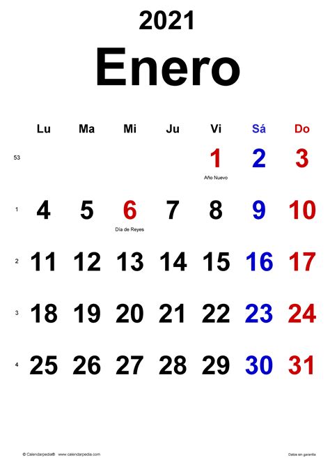 Calendario Enero 2021 En Word Excel Y Pdf Calendarpedia
