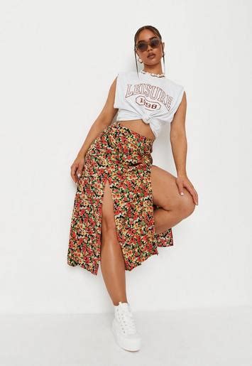Red Floral Print Side Split Midaxi Skirt Missguided