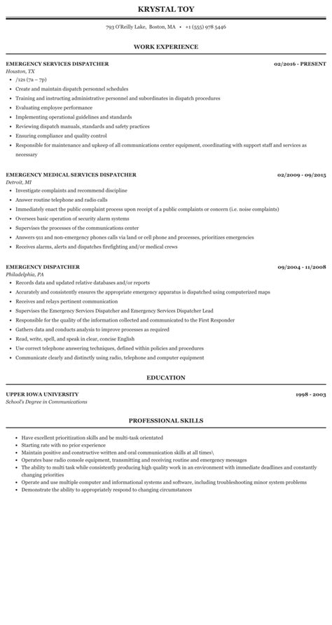 Emergency dispatcher role is responsible for software, government, training, security, telecommunications, reporting, research, events skills for emergency medical services dispatcher resume. Dispatcher Resume Transportation Resume Samples - Best ...