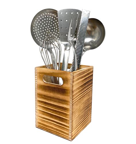 Utensil Holder In Rustic Wood For Kitchen Countertop And Cooking Tools
