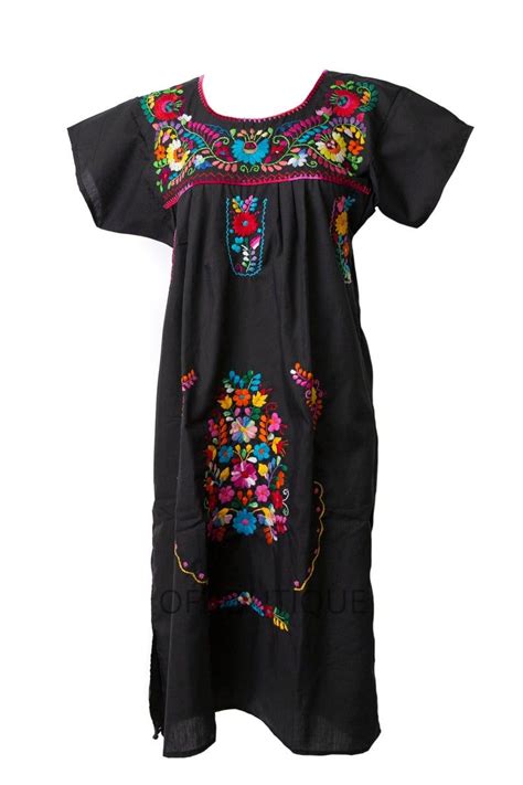 Mexican Dress Womens Hand Embroidered Traditional Dress Black