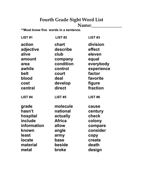 Fourth Grade Sight Word List Name