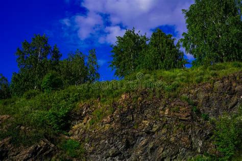 Beautiful Summer Landscape Of Nature Rocks Greenery Blue Sky Stock