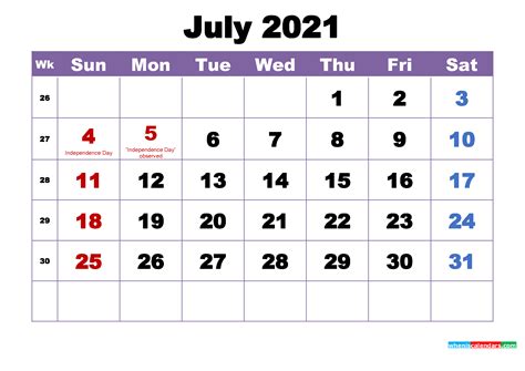 July 2021 Printable Calendar With Holidays Word Pdf