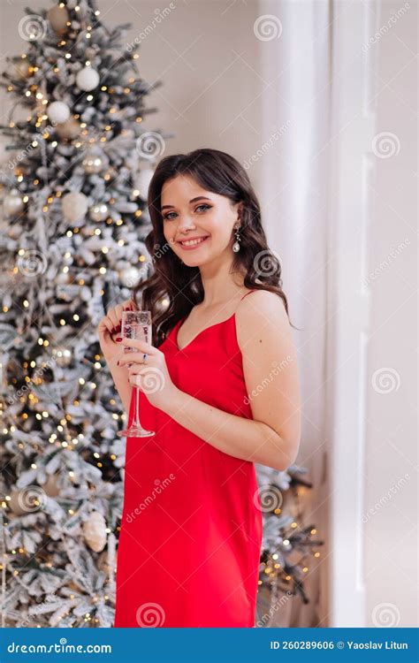 Party Drinks Holidays Celebration Concept Smiling And Dreaming Woman In Evening Red Dress