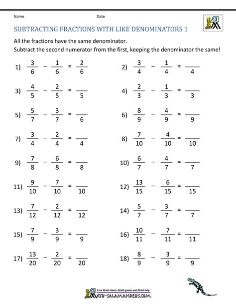 Subtracting Fractions From Whole Numbers Worksheet With Answers