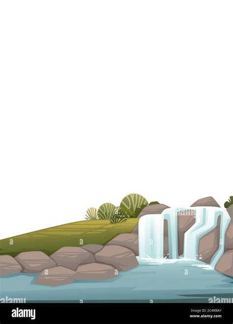 Landscape Of Countryside Waterfall On Rocks Cartoon Design Flat Vector