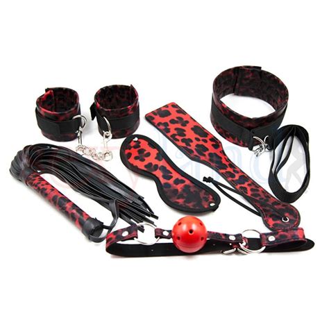 6 Pcs Set Red Leopard Sex Game Wrist Cuffs Blindfold Flogger Ball Gag Kit Erotic Sex Toys