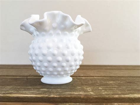 Fenton Hobnail Milk Glass Ruffle Vase Small Round Vintage Etsy