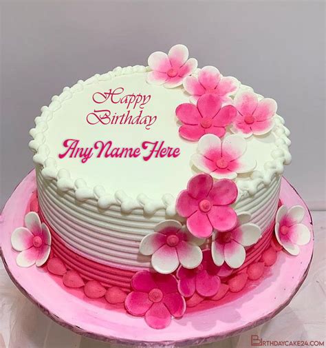 pink flowers birthday cake with name edit