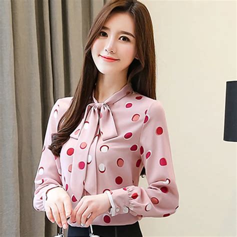 spring new fashion chiffon women blouse long sleeve bow polka dot shirt elegant blouse pink