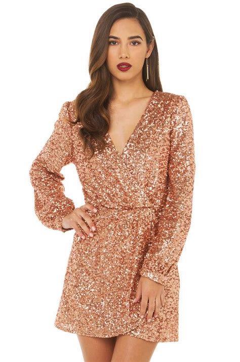 Sequined Long Sleeve Wrap Dress Rose Gold Dress Midi Dresses