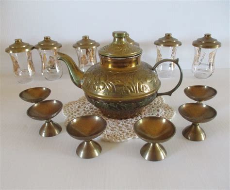 Vintage Turkish Brass Tea Set Brass Tea Pot With Gold Etsy