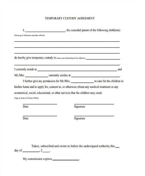 Temporary Guardianship Agreement Form Template Business