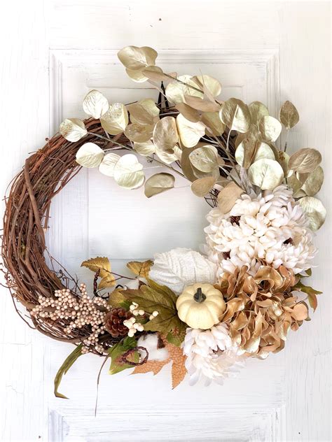 Fall Wreath For Front Door Autumn Wreath White And Gold Etsy