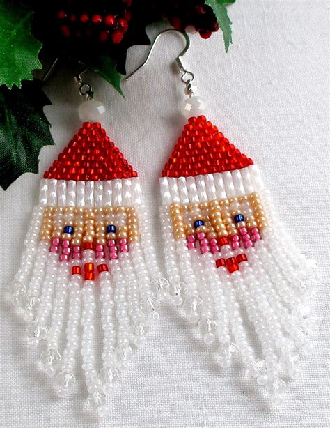 Santa Claus Earrings Seed Bead Fringe Christmas Earrings Etsy