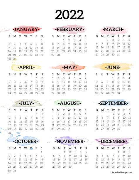2022 One Page Calendar Printable Watercolor Paper Free Printable Images