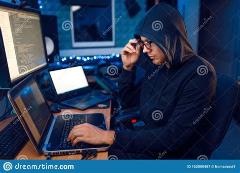 Hacker In Hood At His Workplace Corporate Hacking Stock