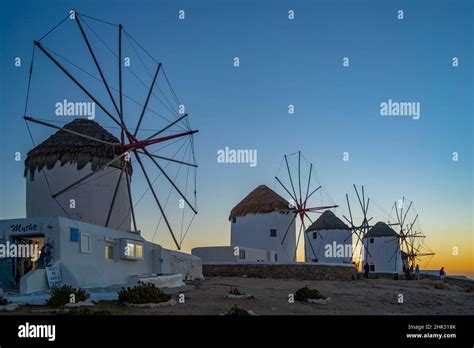 View Of Windmills At Sunset Mykonos Town Mykonos Cyclades Islands