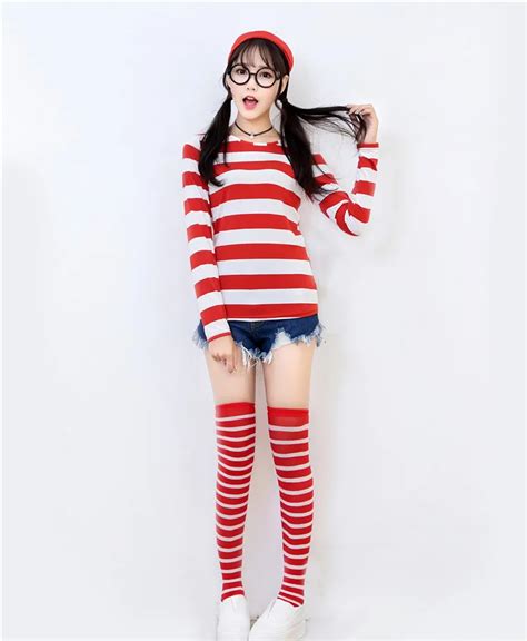 Wheres Wally Cosplay Costume Ladies Striped Shirt Kit Hat Glasses