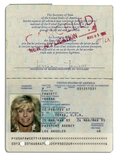 Lot Detail Farrah Fawcetts Passport Twice Signed And With Lovely