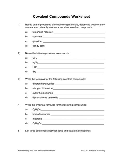 Covalent Compounds Worksheet