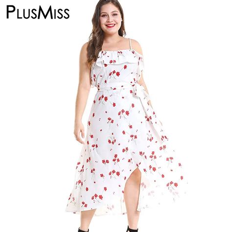 Plusmiss Plus Size Xxxl Xxl Summer Floral Printed Ruffle Spaghetti Strap Dress Women Boho Maxi