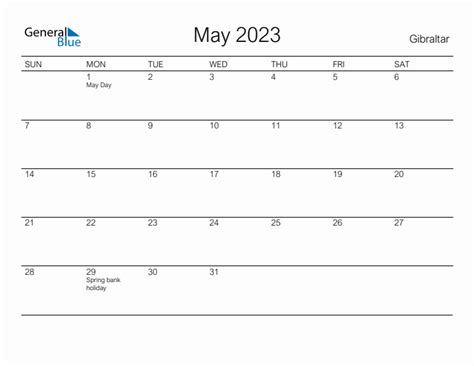 Printable May 2023 Monthly Calendar With Holidays For Gibraltar