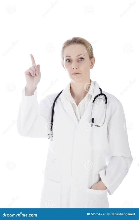 Woman Doctor Pointing Up And Looking At Camera Stock Photo Image Of